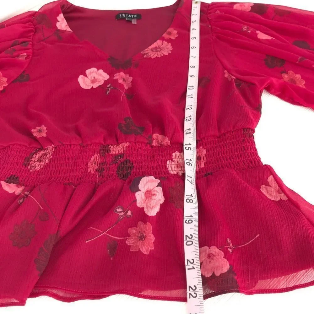 1. STATE Romantic Floral Blouse Puff Sleeve Floral Peplum in Wild Berry Small